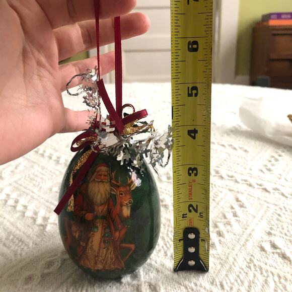 Vintage Father Christmas Reindeer Decoupage Egg Ornament Glossy Green 4" - Picture 9 of 9